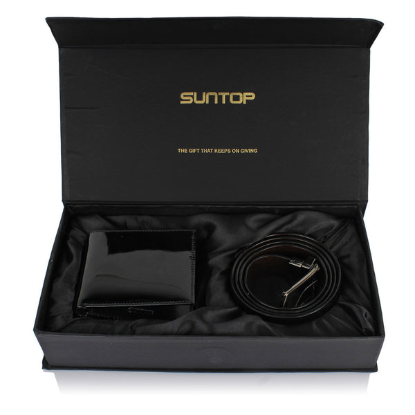 Suntop Premium Patent Leather Shiny Wallet and Reversible Belt Buckle Combo - testSuntop